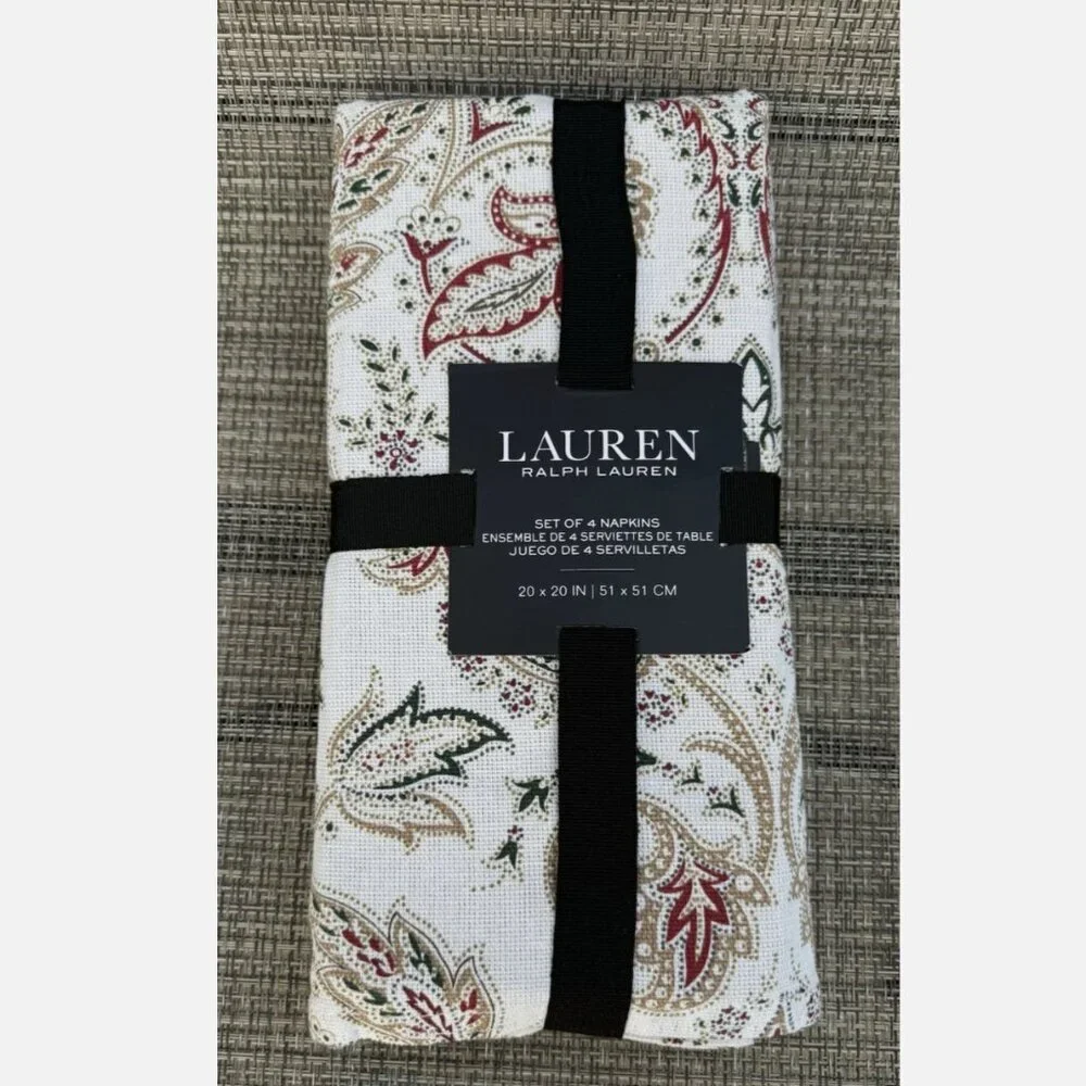 Ralph Lauren Cream Red Green Christmas Paisley Cotton Napkin Set 4pc